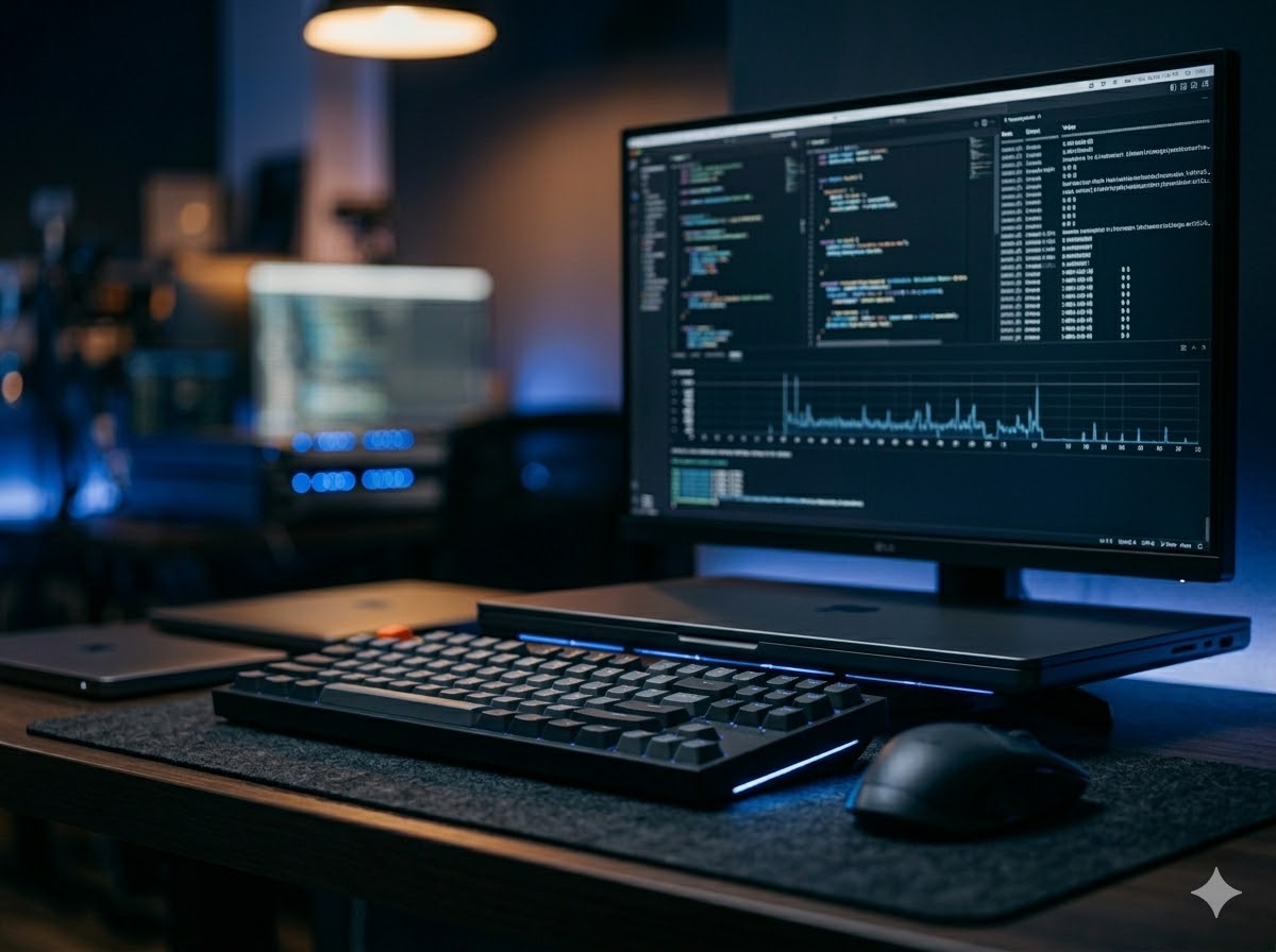 Ciemne stanowisko komputerowe z niebieskim oświetleniem LED – IT dla firm